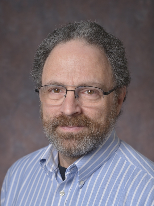 head shot of man with dark grey hair and beard with eyeglasses wearing a blue and white button down stripe shirt