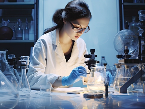 Woman in a laboratory wearing sfaety glasses, a white lab coat, and blue latex gloves working with a microscope.