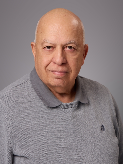 Headshot of bald male wearing a grey polo shirt underneath a grey pullover sweater.